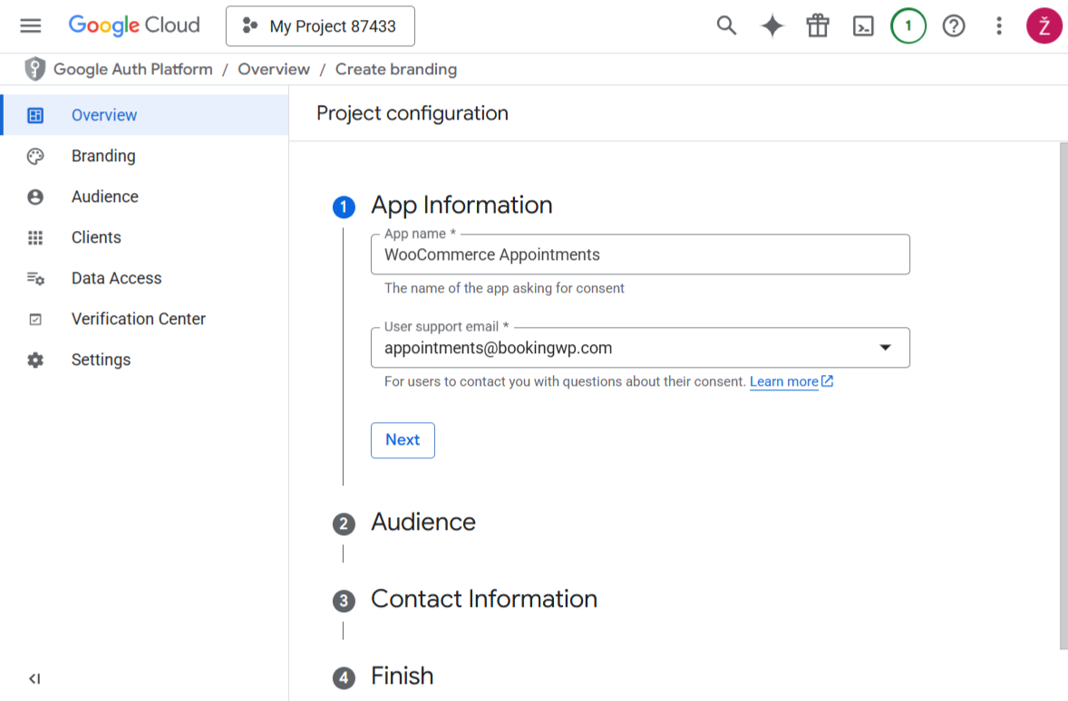 OAuth app information step