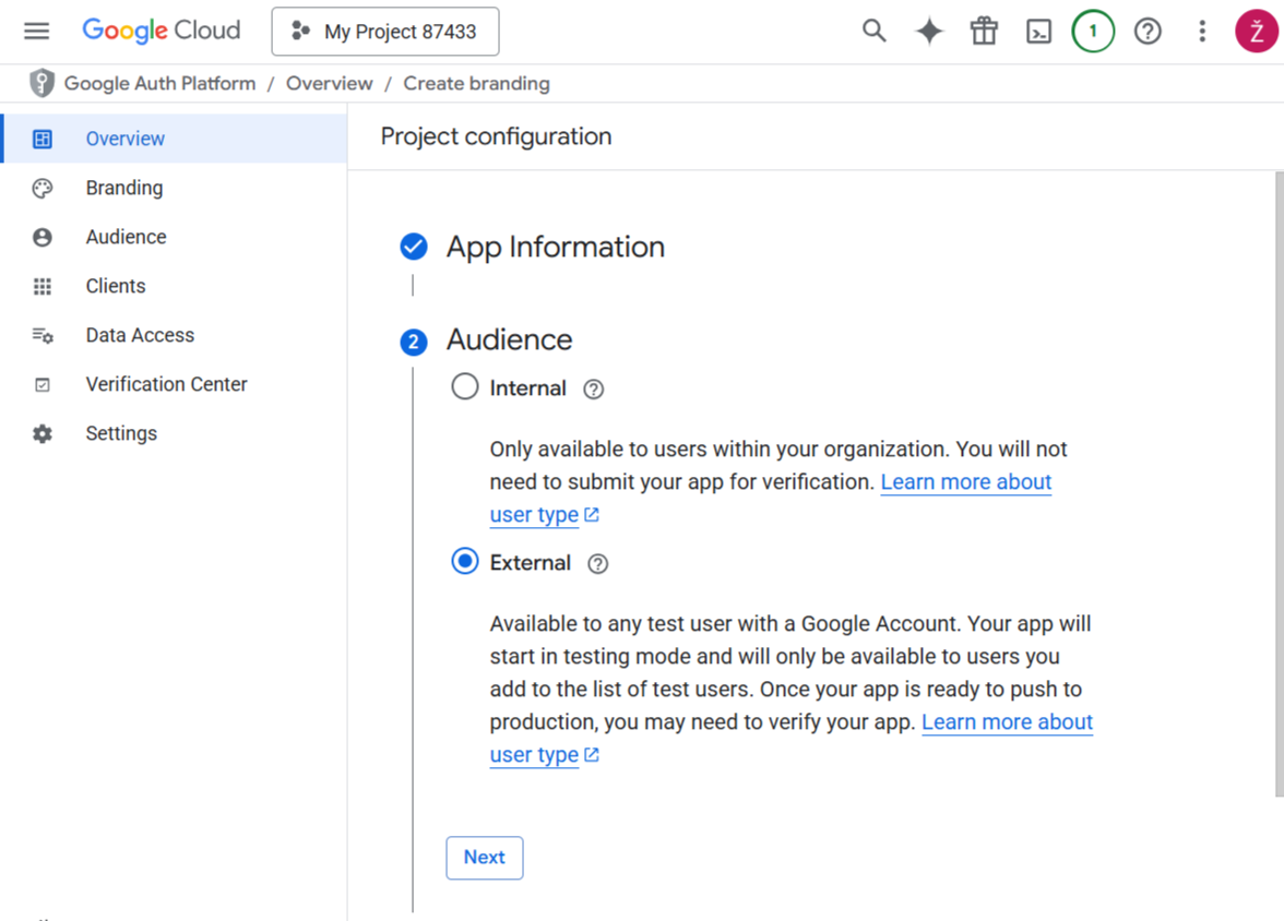 OAuth Consent Screen - User Type Selection