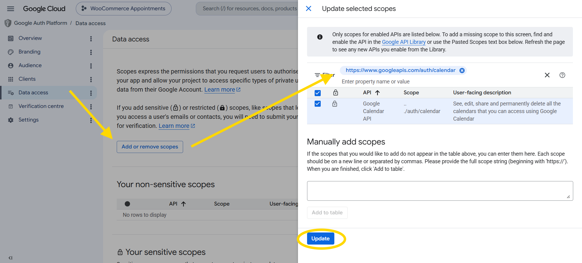 Calendar API scope checked on Data access step