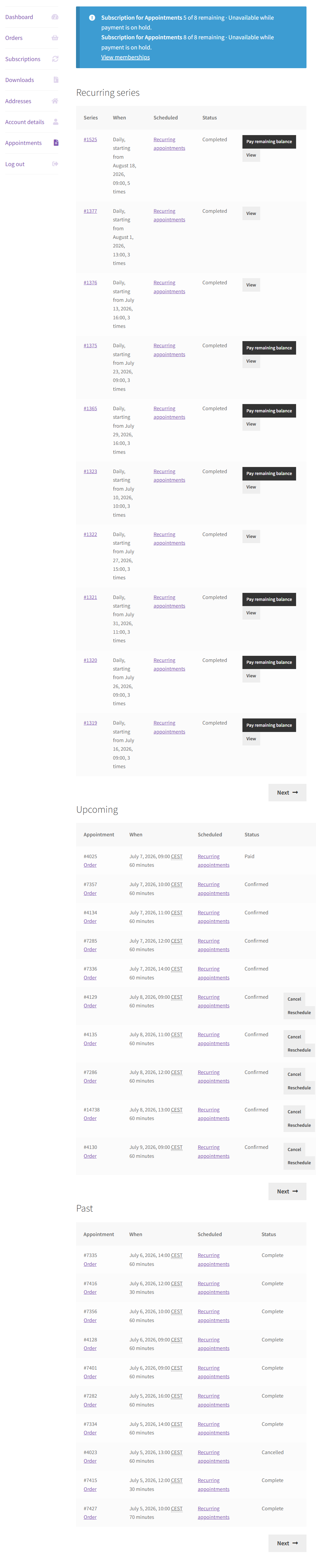 My Account — appointments list with series summary and Pay remaining balance