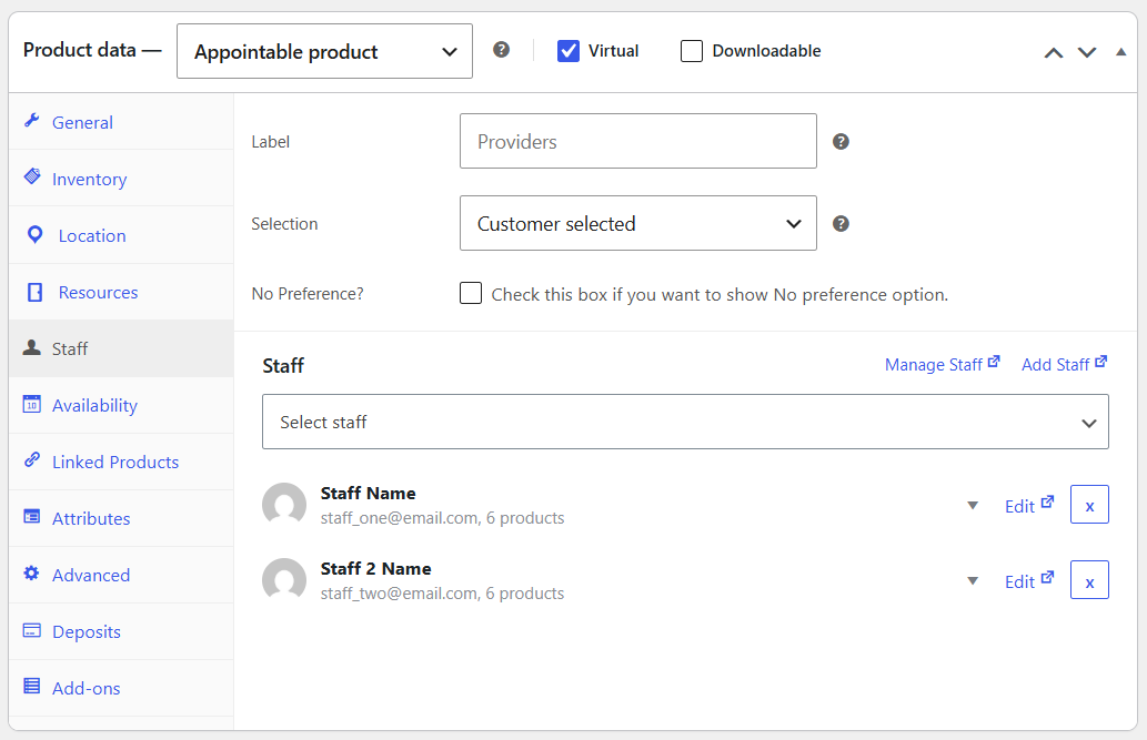 Product staff settings