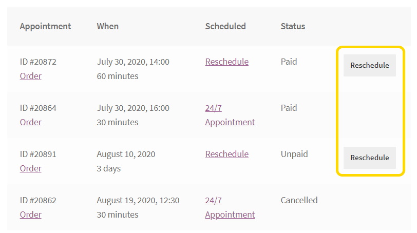 Reschedule button in My Account