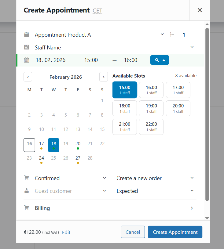 Add Appointment Modal Slots