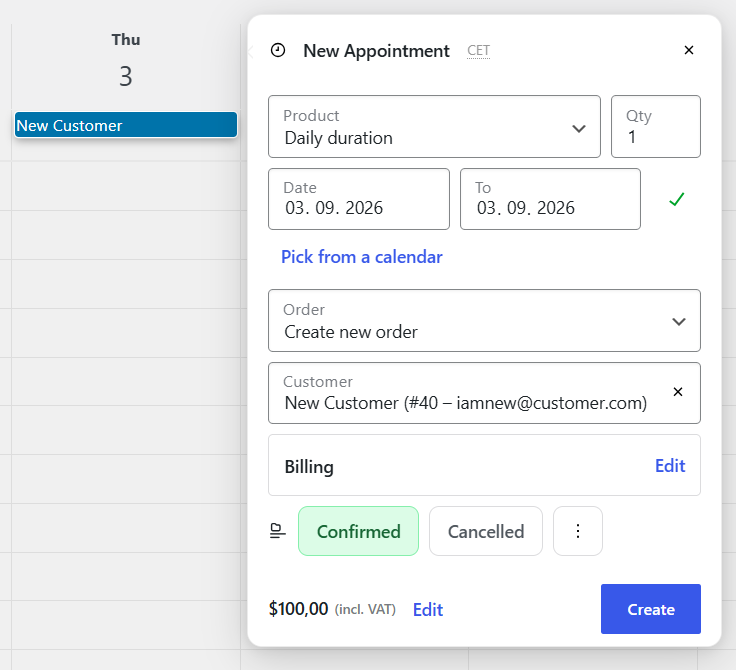 Admin panel — create mode