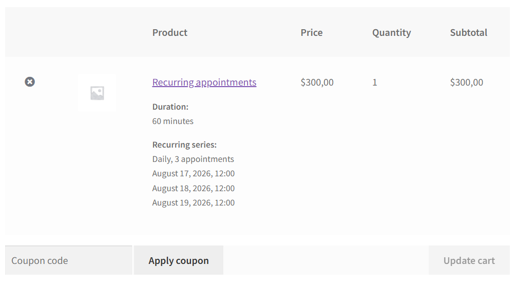 Cart — recurring package line showing session count and package total