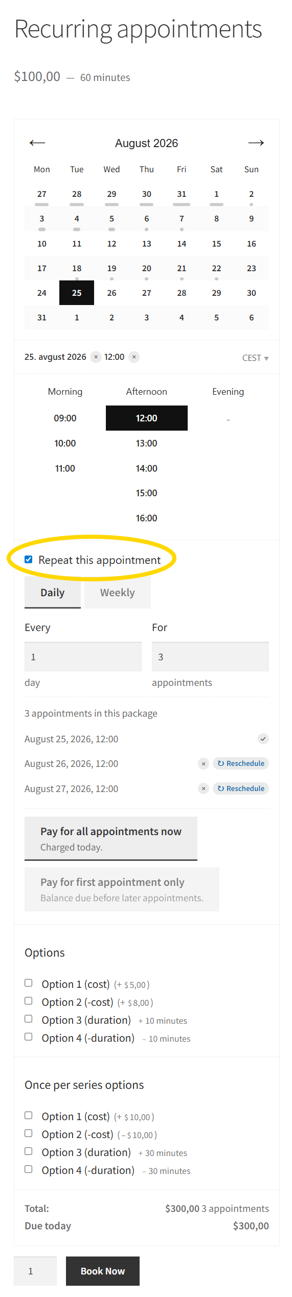 Booking form — Repeat this appointment with live session preview