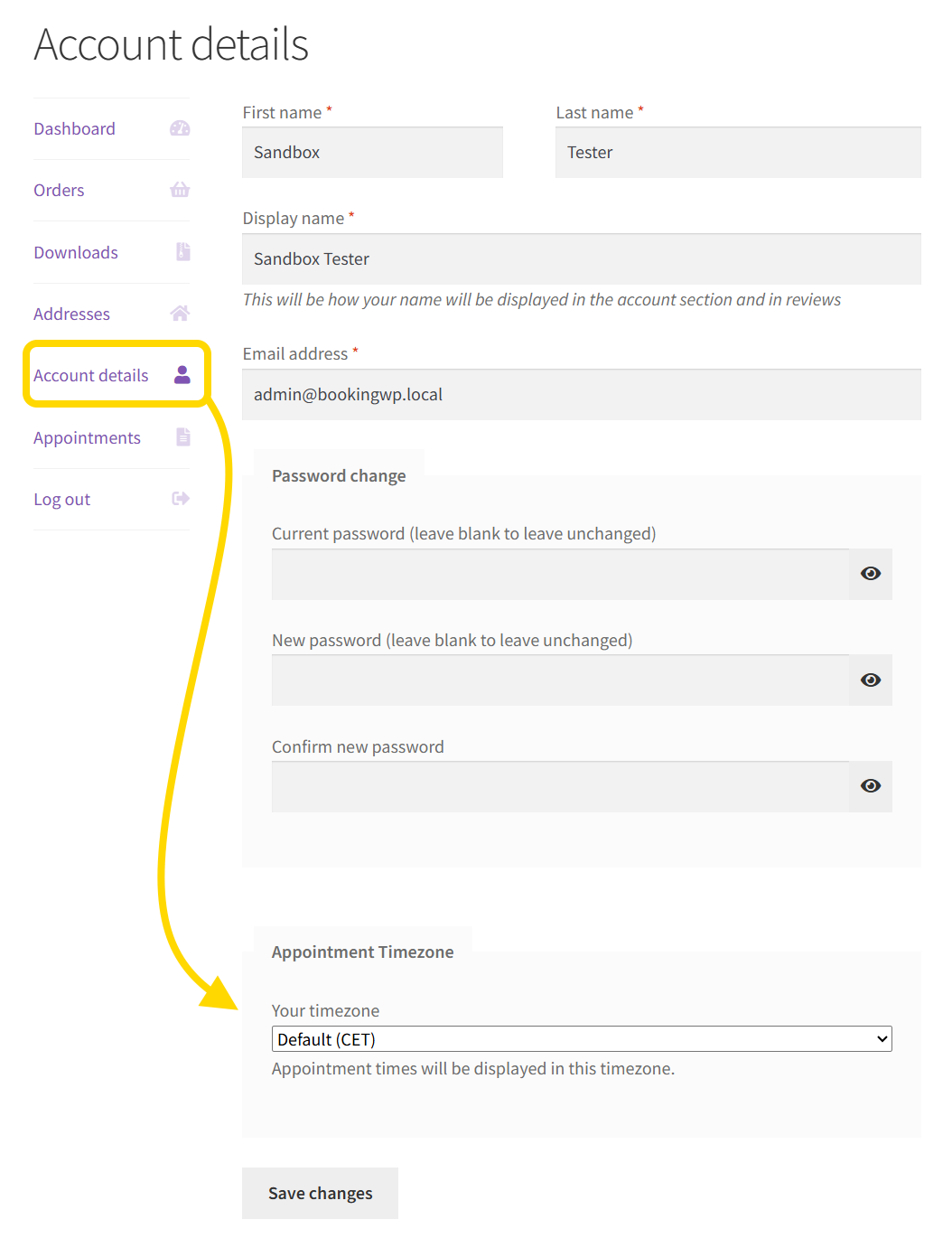My account customer timezone setting