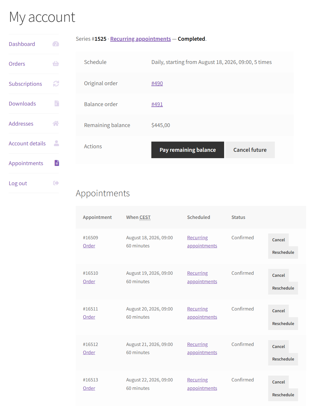 My Account view-series — session list, pattern, and pay-first balance actions