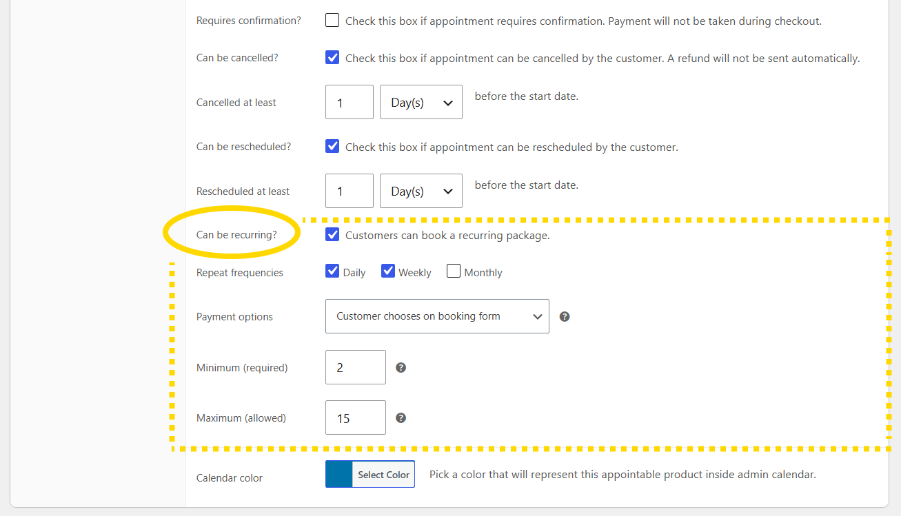 Appointable product — Can be recurring, session limits, and payment model