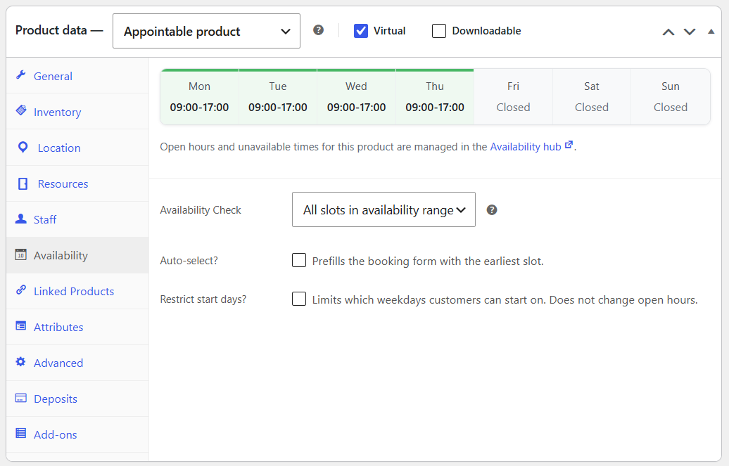 Availability settings