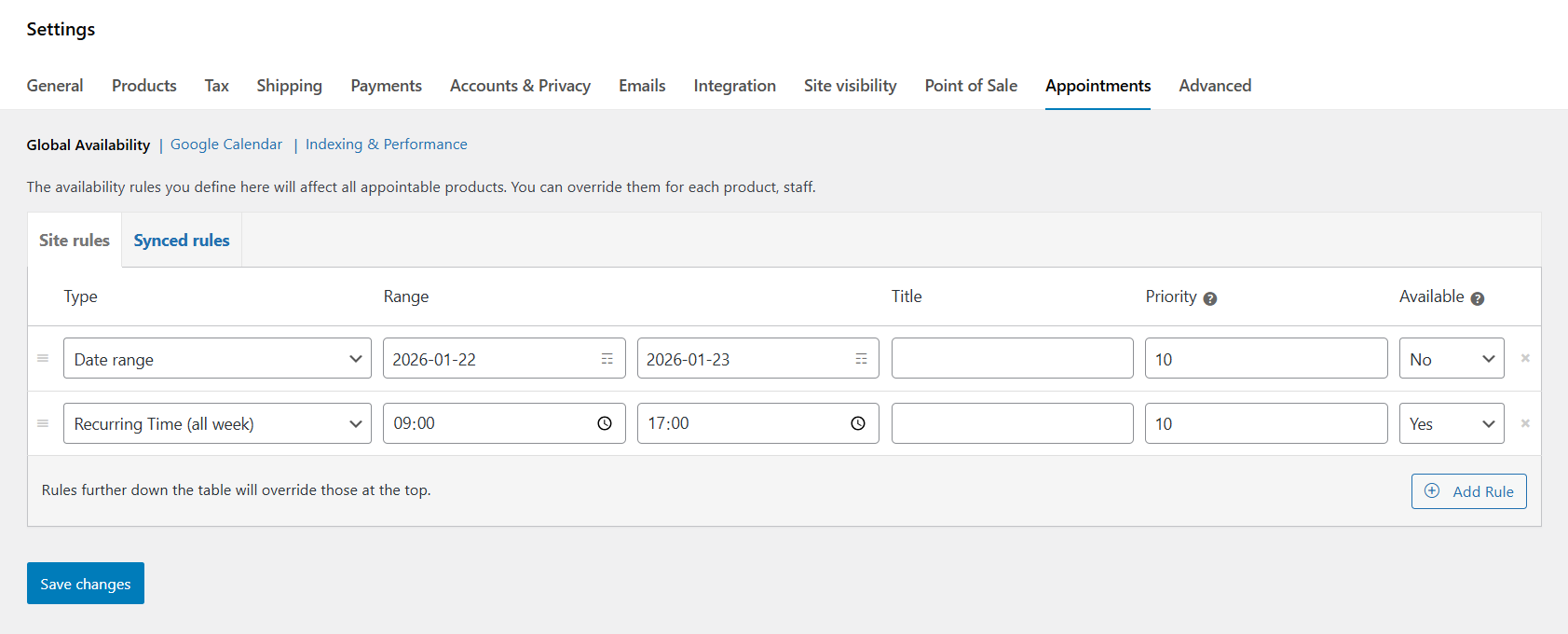 Global availability settings