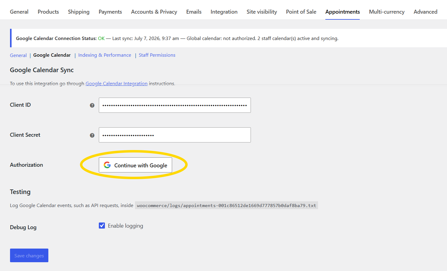 Google Calendar settings — credentials and authorization