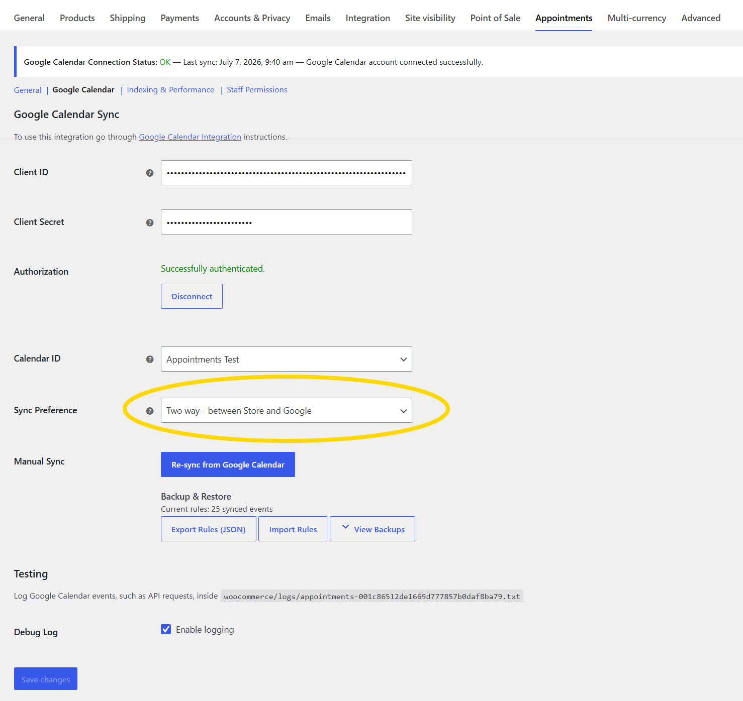 Two-way sync with calendar selected
