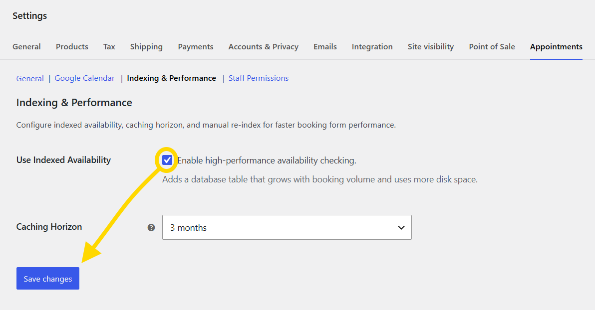 Indexing settings — enable cache and caching horizon