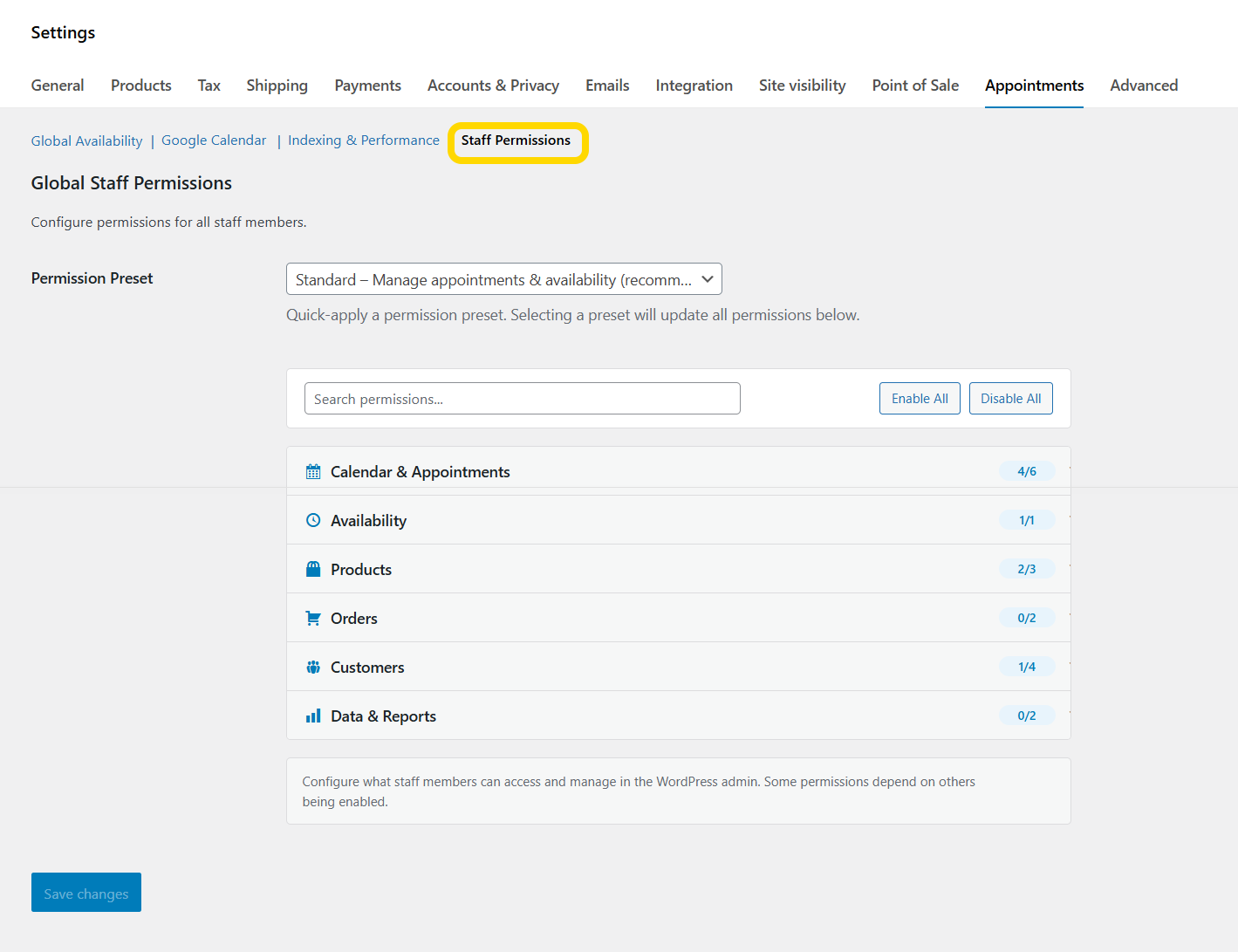 Staff Permissions Settings