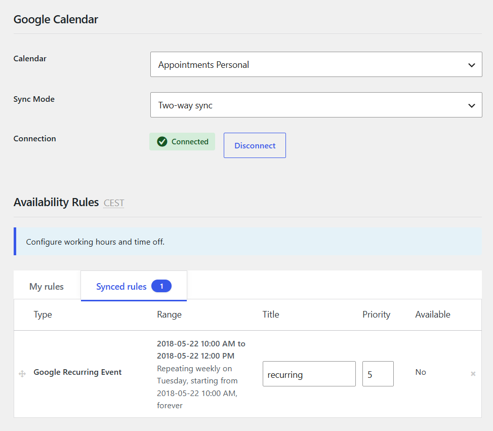 Staff profile — calendar, sync mode, connected status