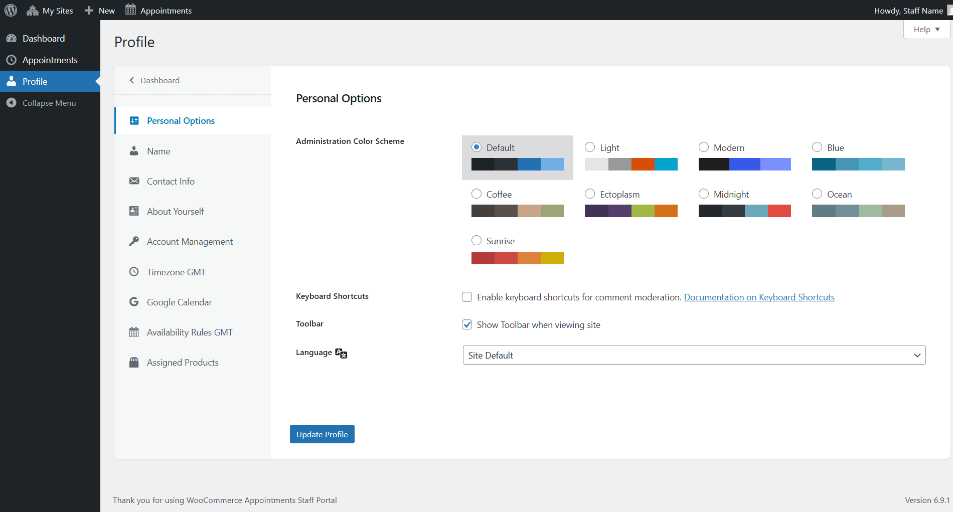Staff Portal Profile Settings