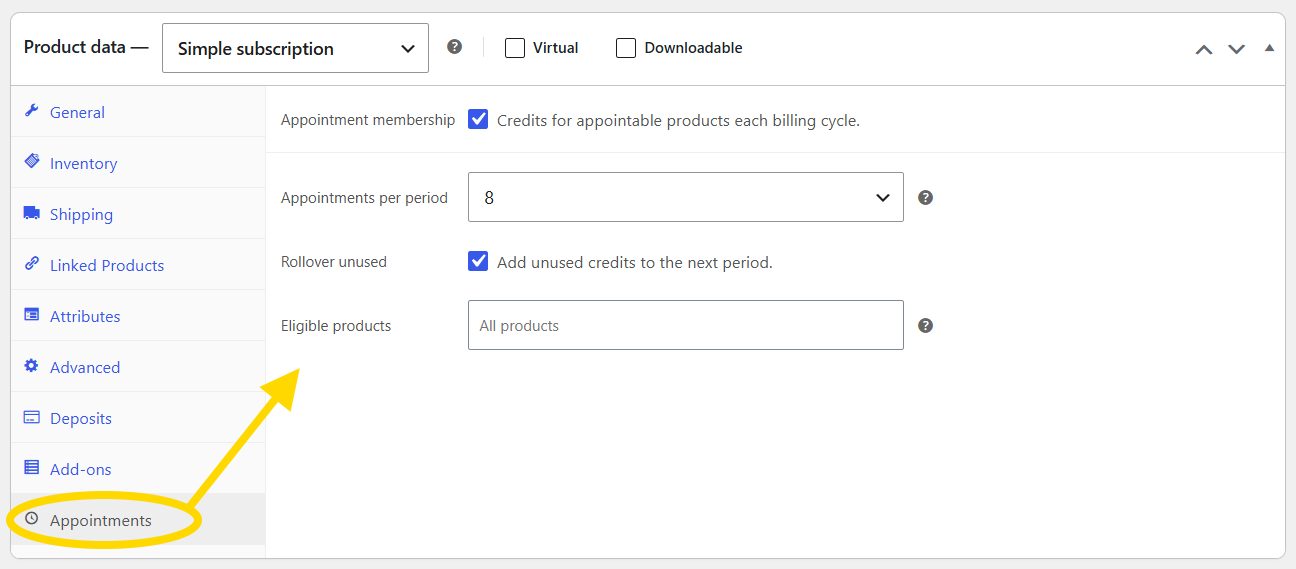 Subscription product Appointments tab