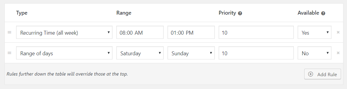 Availability rules example
